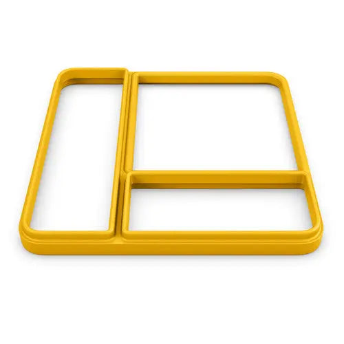 Omielife Lid Seal Version 1 yellow plastic lid frame with split compartments laid flat to show modular lunch box fit.