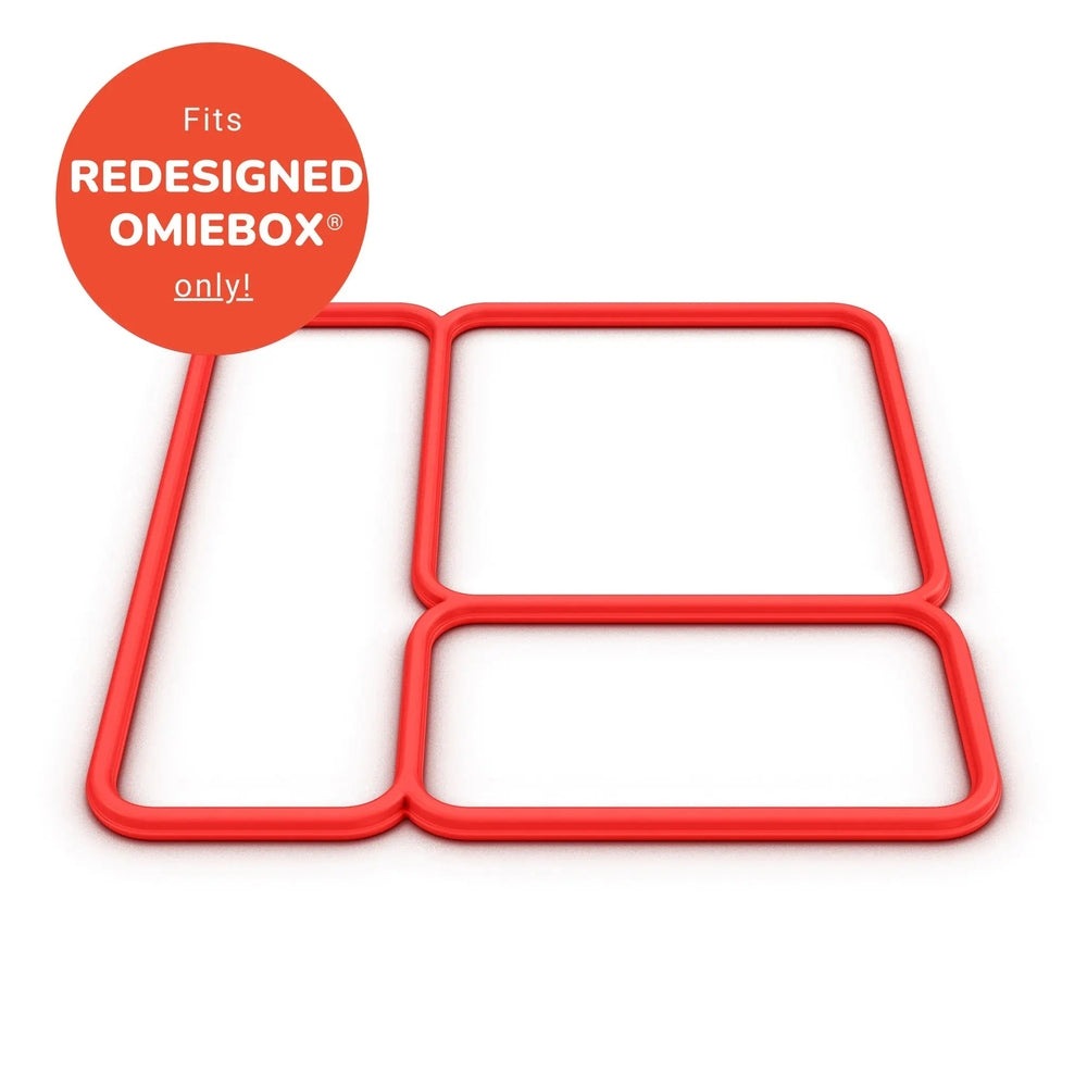 Omielife Lid Seal Version 2 red silicone frame forming airtight seal on a lunch box set for mess-free packing