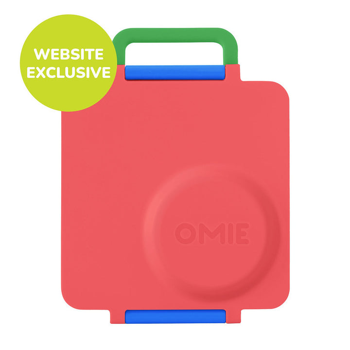 Omiebox red scooter lunch box set by OMIELIFE with blue latches and green handle