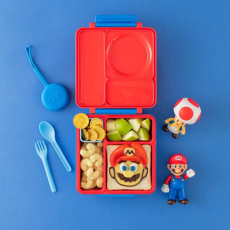Omielife Omiebox Scooter Red Kit lunch box set with blue utensils and two Mario figures