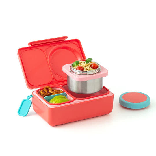 Omielife Omiebox Up lunch set, coral pink with metal insert, pasta dish on top and blue bottle beside.