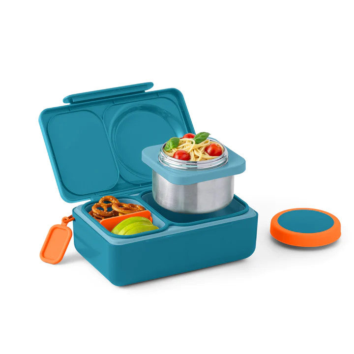 Omielife Omiebox Up lunch box set in blue with orange lid, shows a stainless steel pot filled with pasta.
