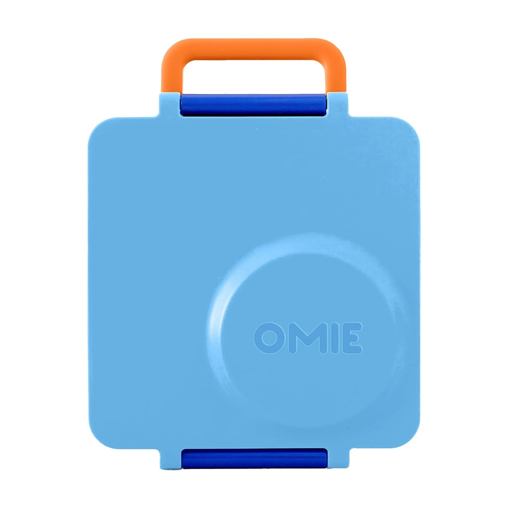 Omielife Omiebox Version 2 lunch box, blue with orange handle, closed and ready to grab.