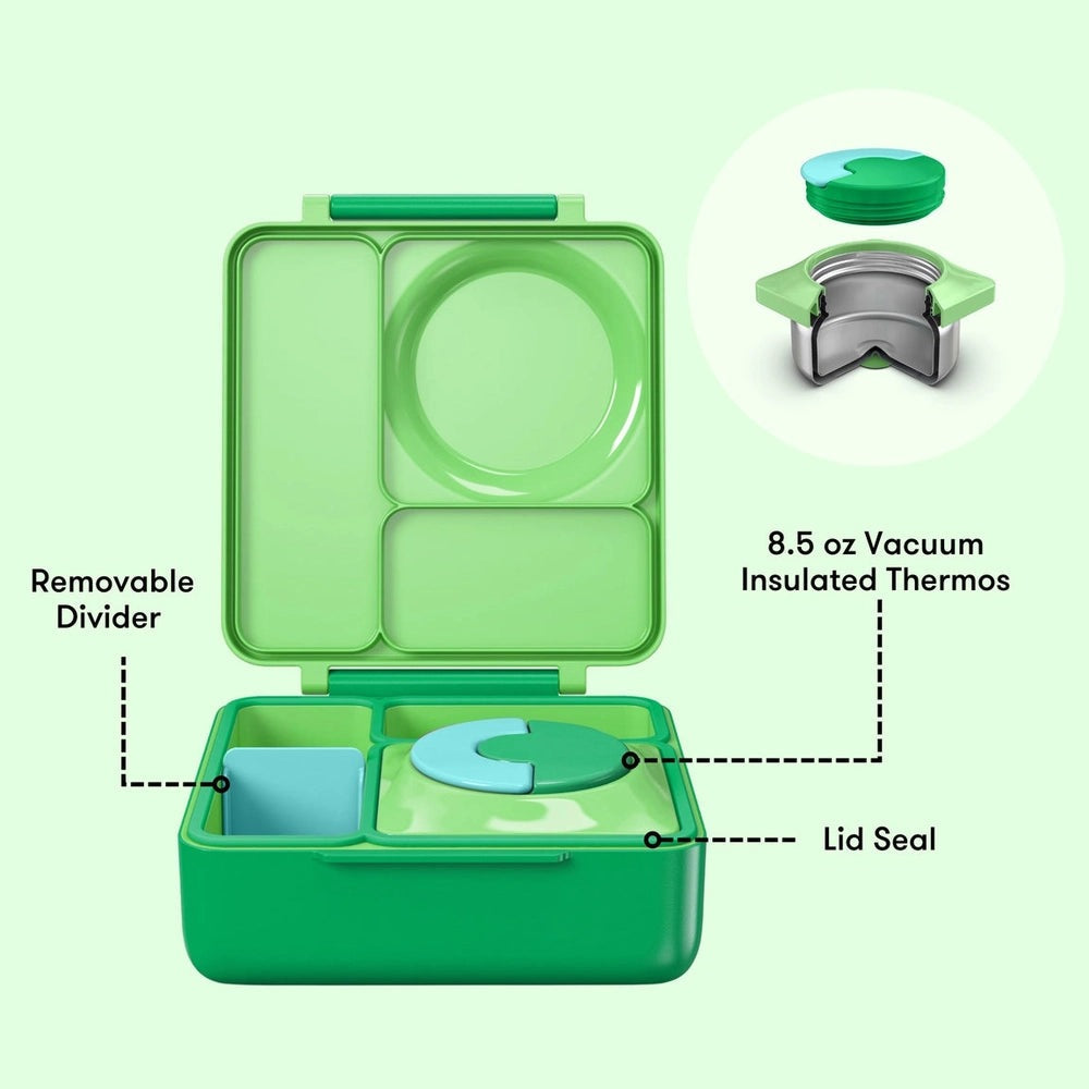 Omielife Omiebox Version 2 lunch box in green with removable divider and 8.5 oz vacuum insulated thermos.