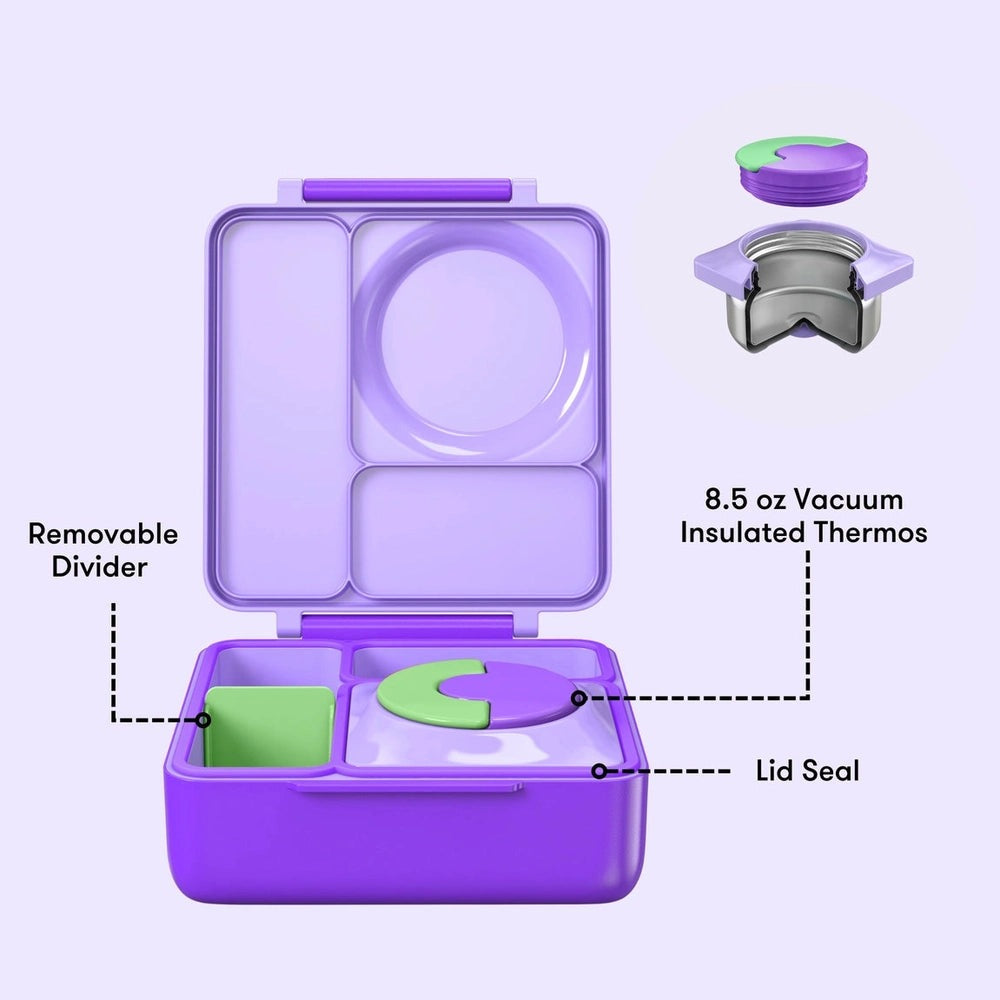 Omielife Omiebox Version 2 lunch container in purple, open to reveal removable divider and 8.5 oz vacuum insulated thermos with green lid