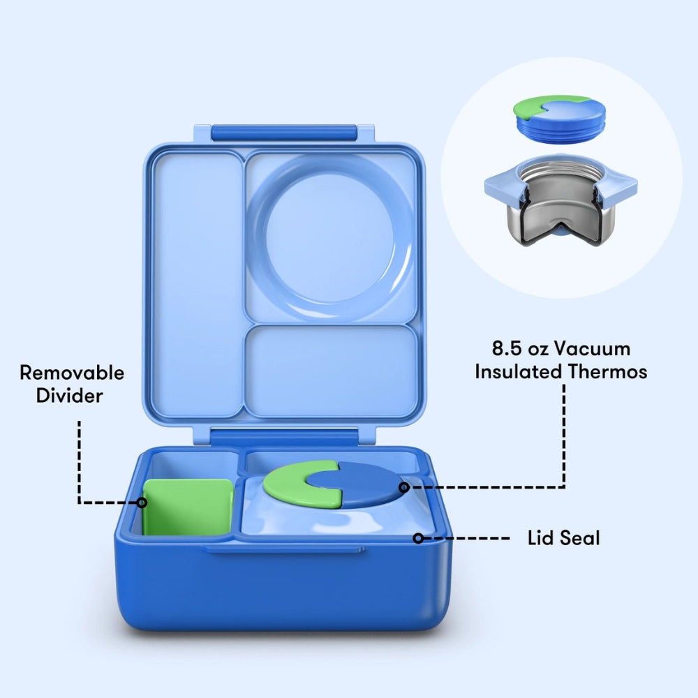 Omielife Omiebox Version 2 lunch box in blue shown with removable divider and 8.5 oz vacuum insulated thermos lid seal