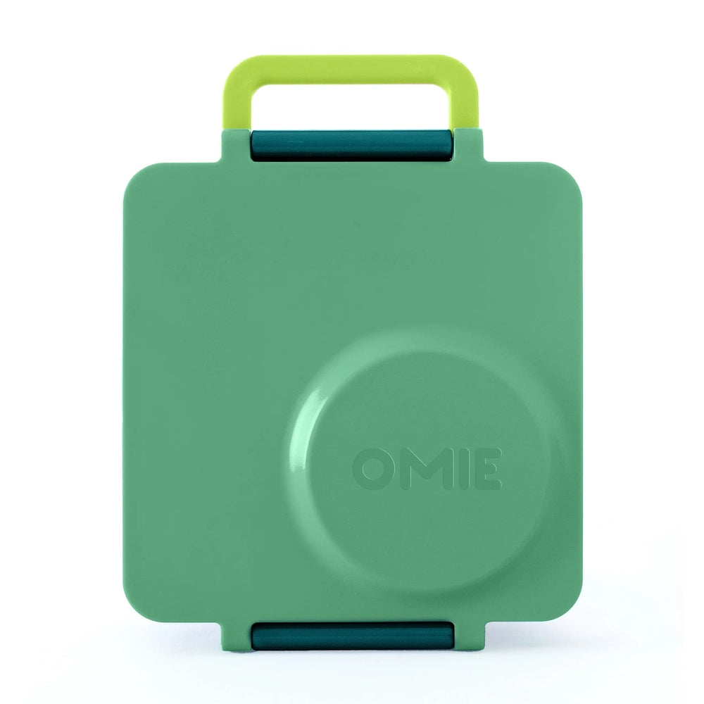 Omiebox Version 2 lunch box in green with lime-yellow handle raised for easy carrying and teal latch