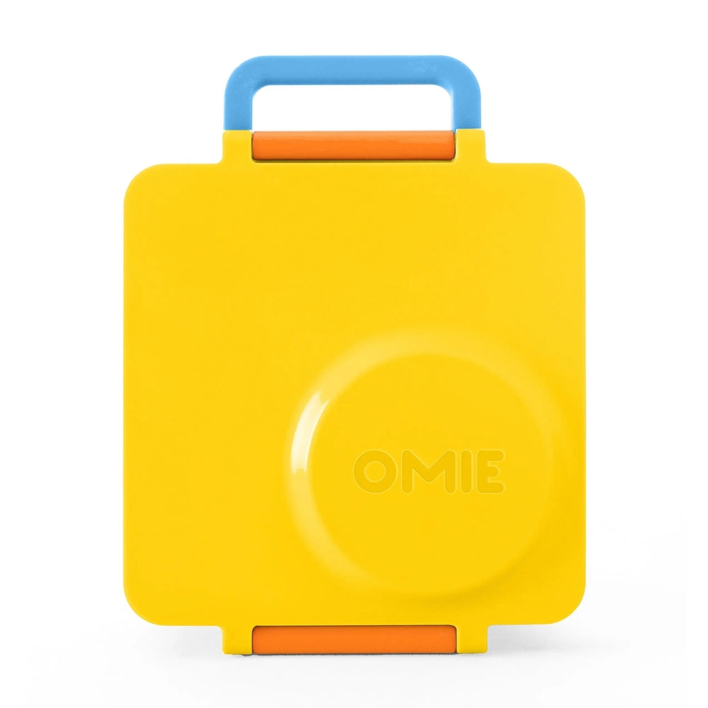 OmieBox Version 2 lunch box, bright yellow with blue top handle and orange latch.