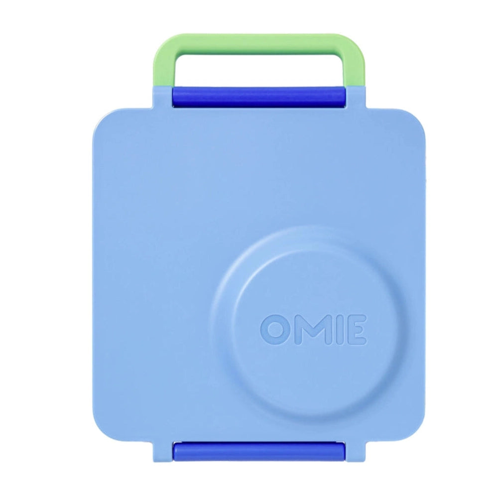 Omielife Omiebox Version 2 lunch container in pastel blue with green handle and blue latch, ready for grab-and-go.
