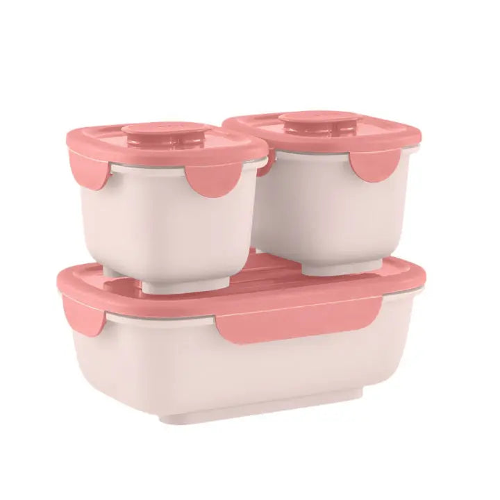 Omielife Omiego Bento Bio lunch box set featuring pink lids on white containers; a 3‑piece stack with secure clips.