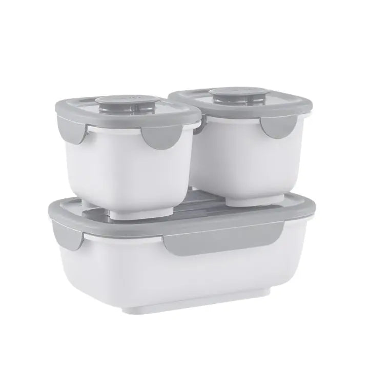 Omielife Omiego Bento Bio lunch box set, white with gray lids, three-tier stackable design with secure snap lids.