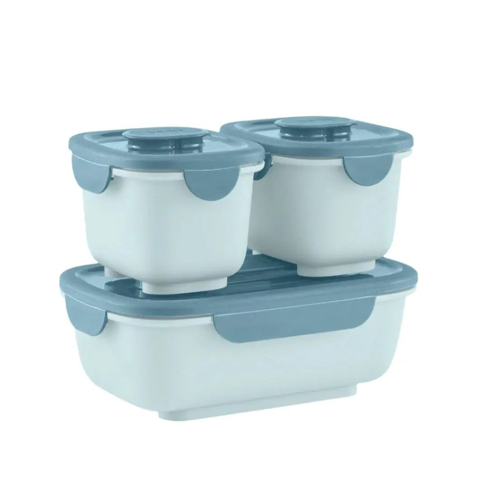 Omielife Omiego Bento Bio lunch box set, a 3-piece stackable kit with blue lids securely snapping onto white containers