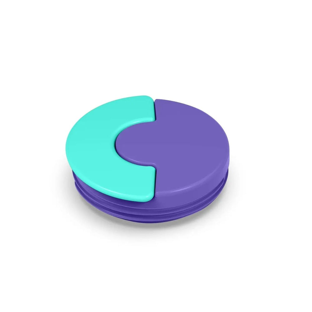 Omielife Thermos Lid Version 2, purple lid with turquoise insert, shown snapped together as a compact lunch lid.