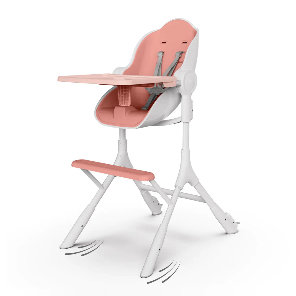 Oribel Cocoon Z high chair lounger in pink and white with adjustable legs and tray