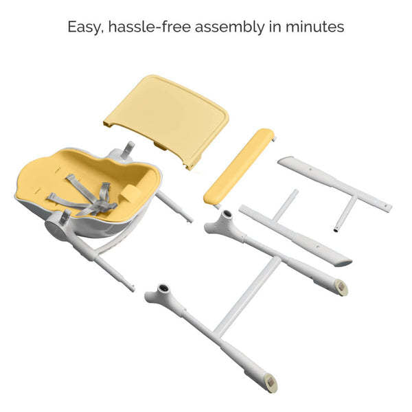 Oribel Cocoon Z high chair lounger components in yellow and gray with legs and tray pieces