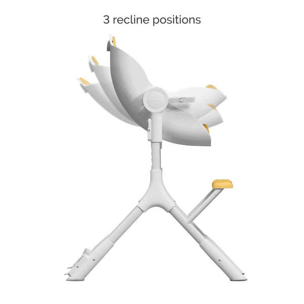 Oribel Cocoon Z high chair lounger, white with yellow accents, 3 recline positions