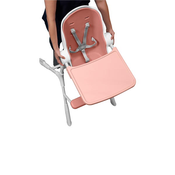 Oribel Cocoon Z high chair lounger in pink with grey harness and detachable tray