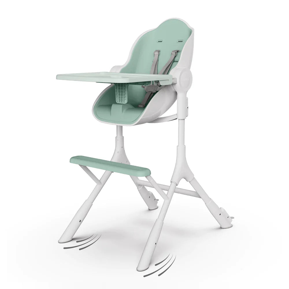 Oribel Cocoon Z high chair lounger, mint green and white, adjustable tray and folding legs