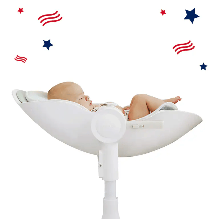 Oribel Cocoon Z High Chair Lounger in white with curved seat on stand, baby reclining