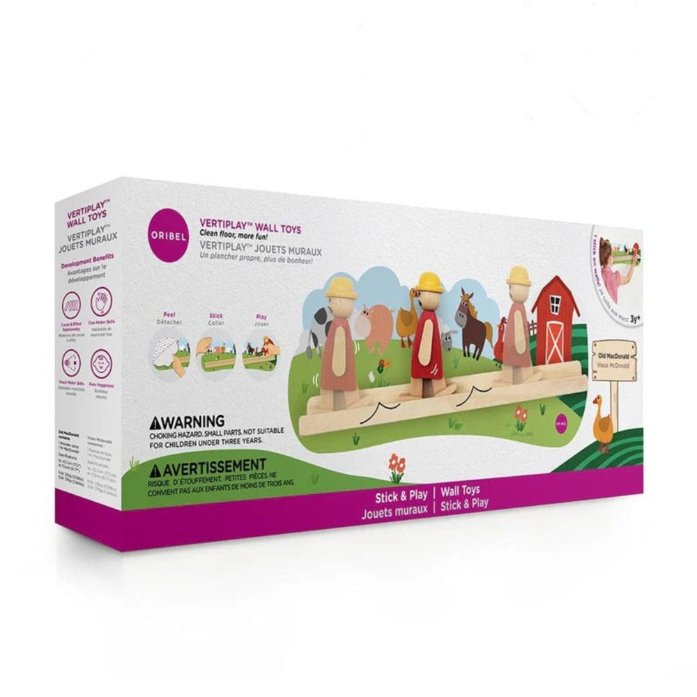 Oribel VertiPlay Wall Toys Old MacDonald box showing colorful farm figures mounted on a wooden track for play