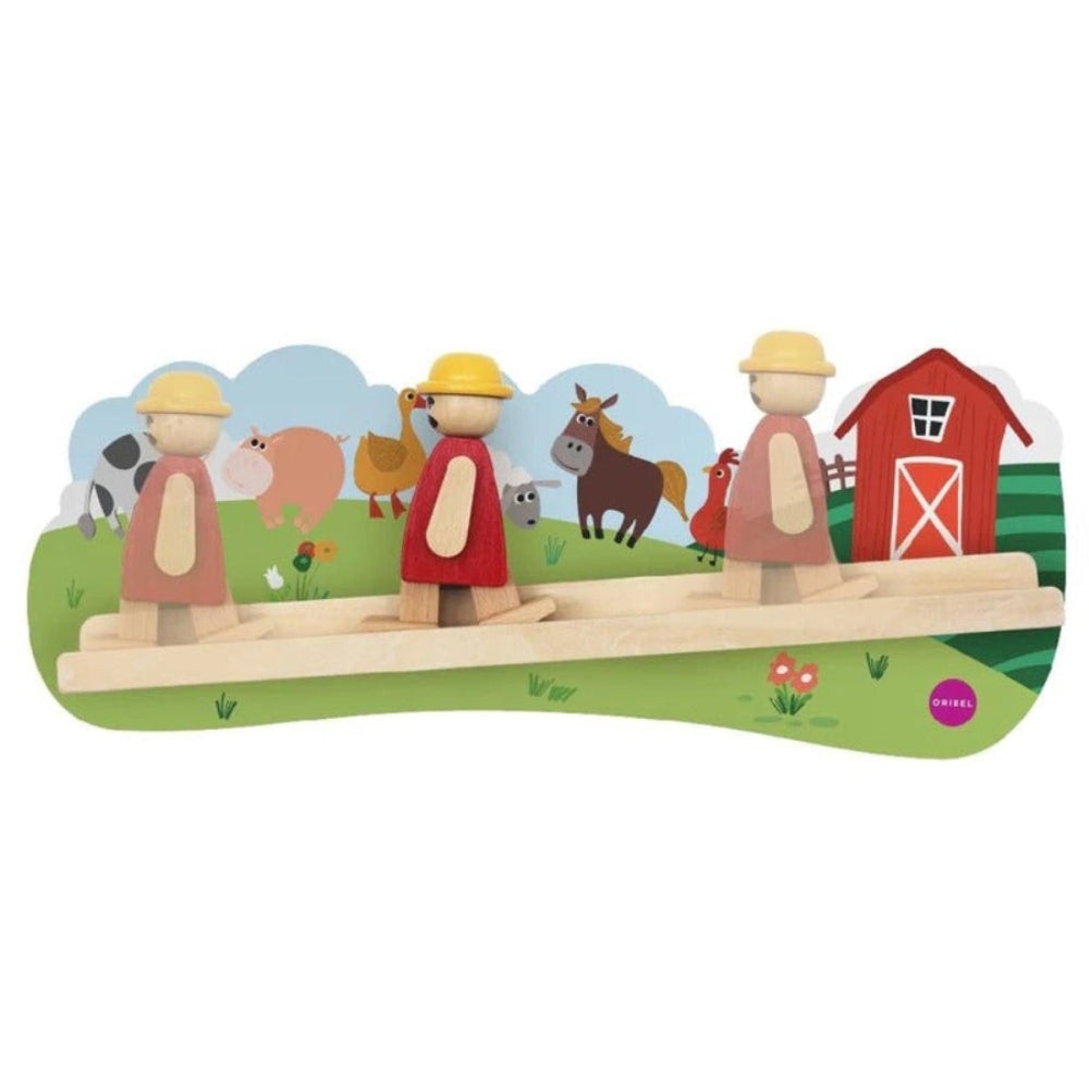 Oribel VertiPlay Wall Toys Old MacDonald: four wooden figures on a track beside a red barn, with farm animals.