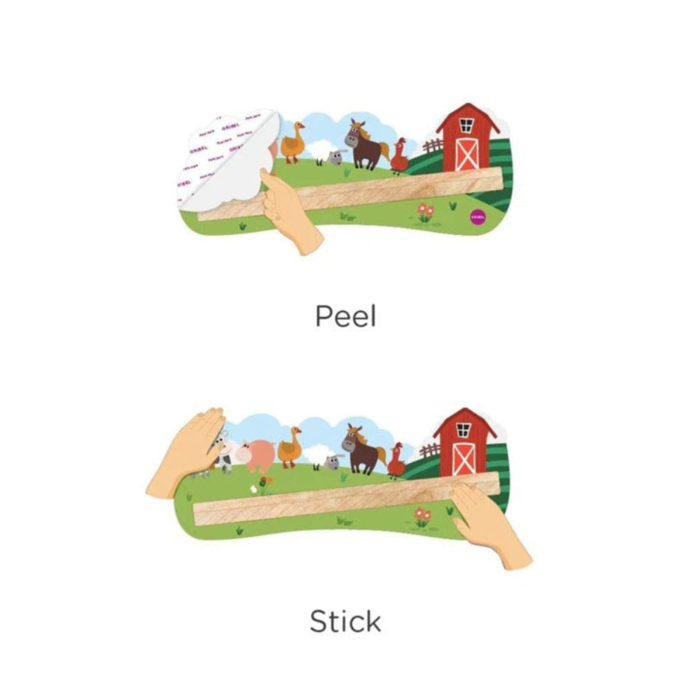 Oribel VertiPlay Wall Toys Old MacDonald; farm scene on peel-and-stick wooden panel, hands attaching.