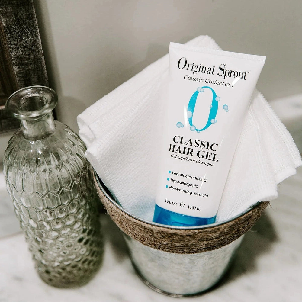 Original Sprout Classic Hair Gel 3 oz tube with blue O logo in a bathroom setting