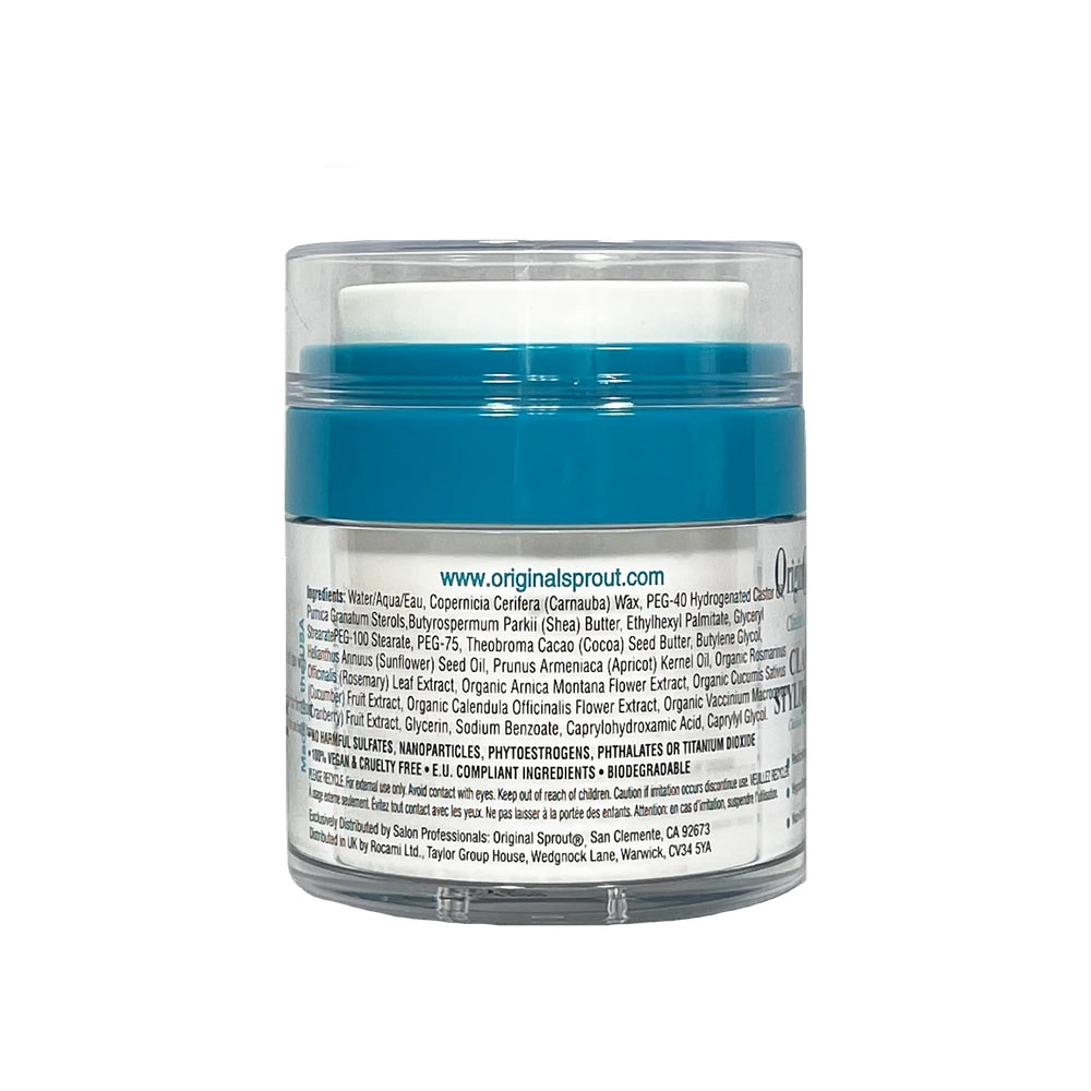 Original Sprout Classic Styling Balm in turquoise blue jar with clear cap.