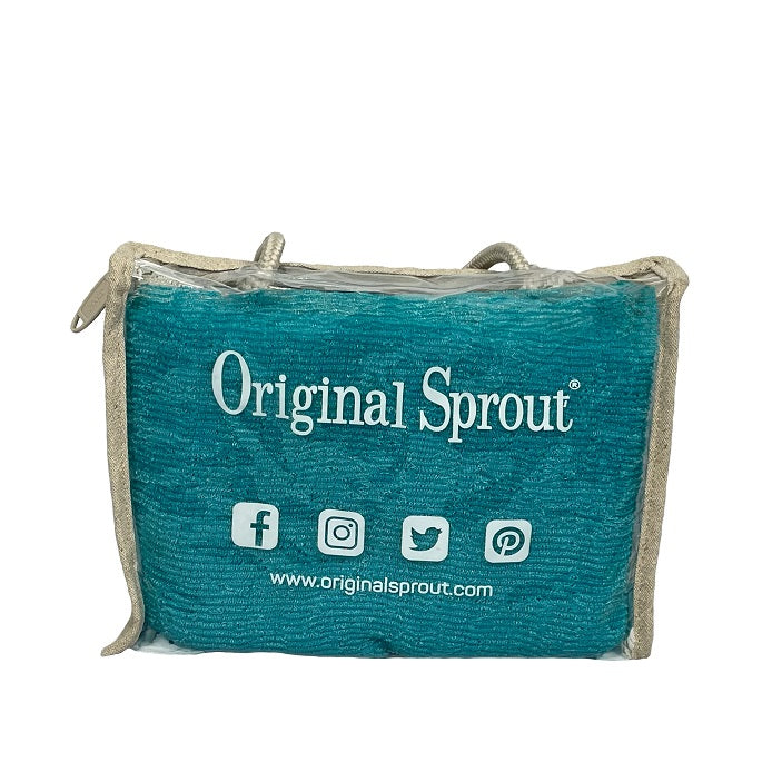 Original Sprout Deluxe Travel Kit teal toiletry bag with logo and social icons, shown in clear packaging for travel.