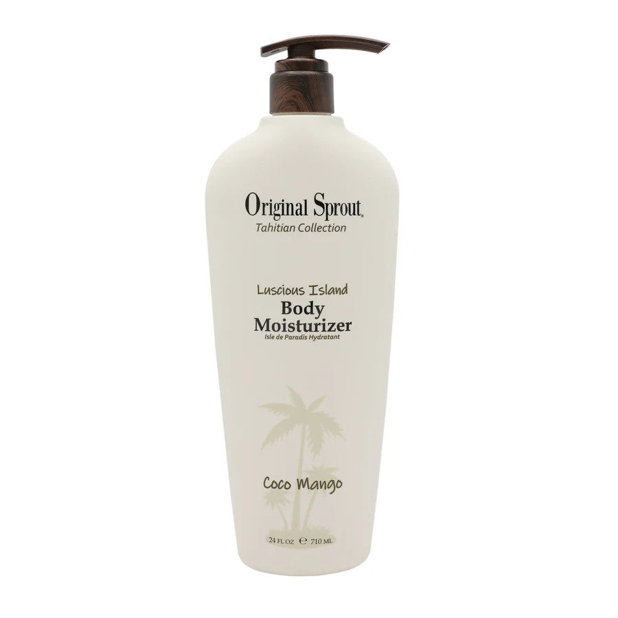 Original Sprout Luscious Island Body Moisturizer from Tahitian Collection, ivory pump bottle with coconut mango scent.