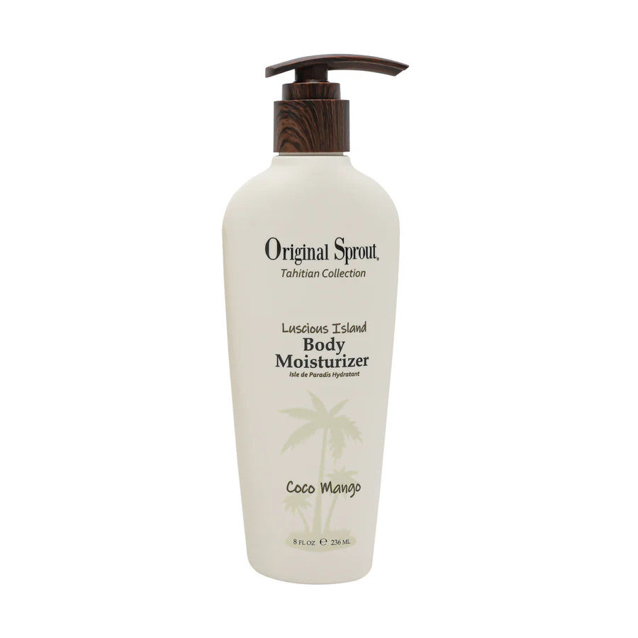 Original Sprout Luscious Island Body Moisturizer Coco Mango in a white pump bottle with a wooden pump