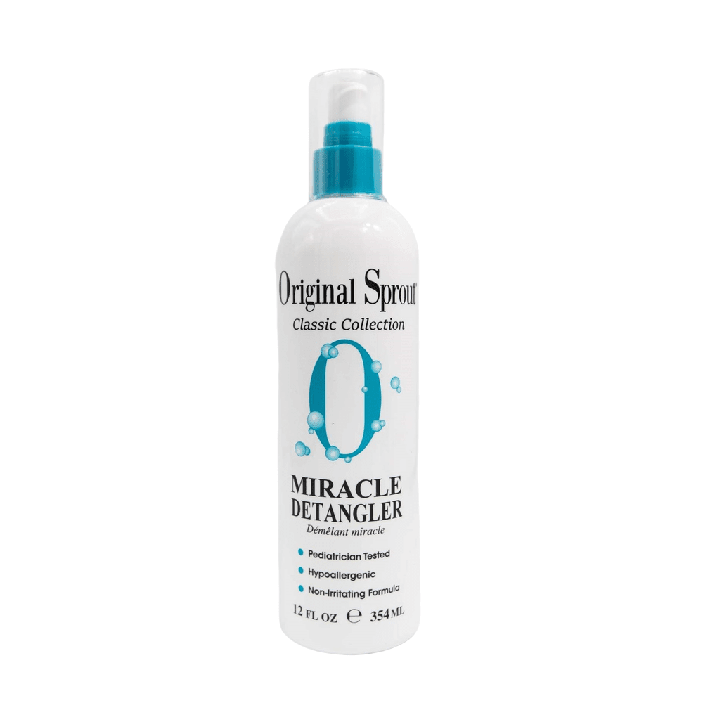 Original Sprout Miracle Detangler Spray 12 oz white bottle with turquoise pump, ready to spray