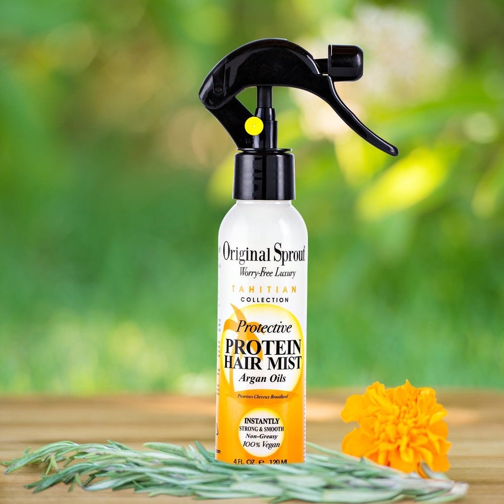Original Sprout Protective Protein Hair Mist 4 oz white bottle with yellow label and black spray nozzle