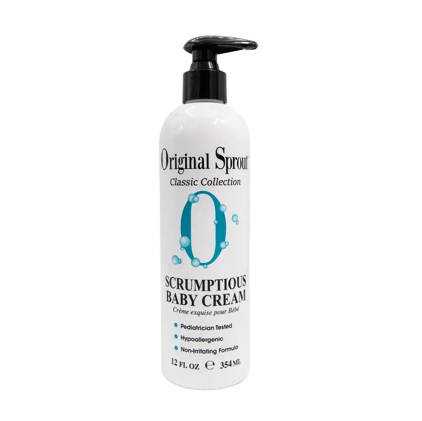 Original Sprout Scrumptious Baby Cream bottle with black pump, white label, 354 ml, showcasing easy pump dispense.