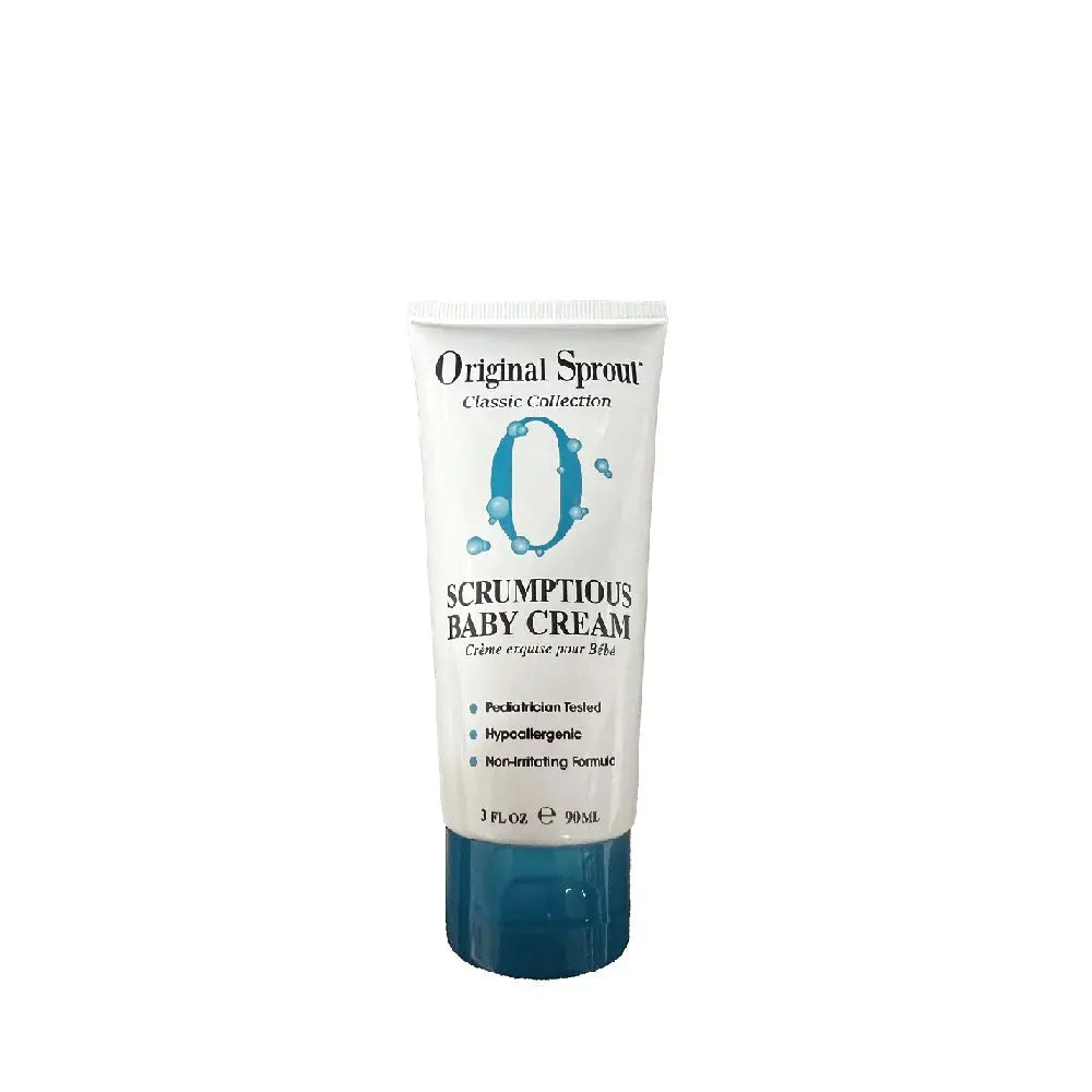 Original Sprout Scrumptious Baby Cream tube with blue cap standing upright for baby skin care.