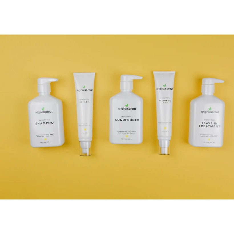 Original Sprout Worry Free Conditioner 10 oz with five white Original Sprout hair care bottles on yellow background