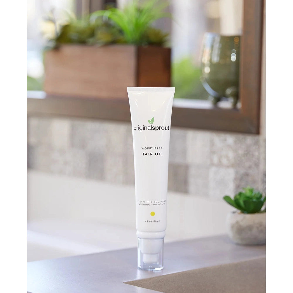 Original Sprout Worry Free Hair Oil, 4 oz white tube with clear cap and logo visible