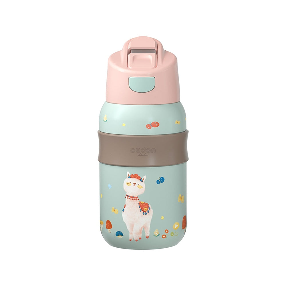 Oudon kids thermal bottle with pink lid, mint body and llama illustration