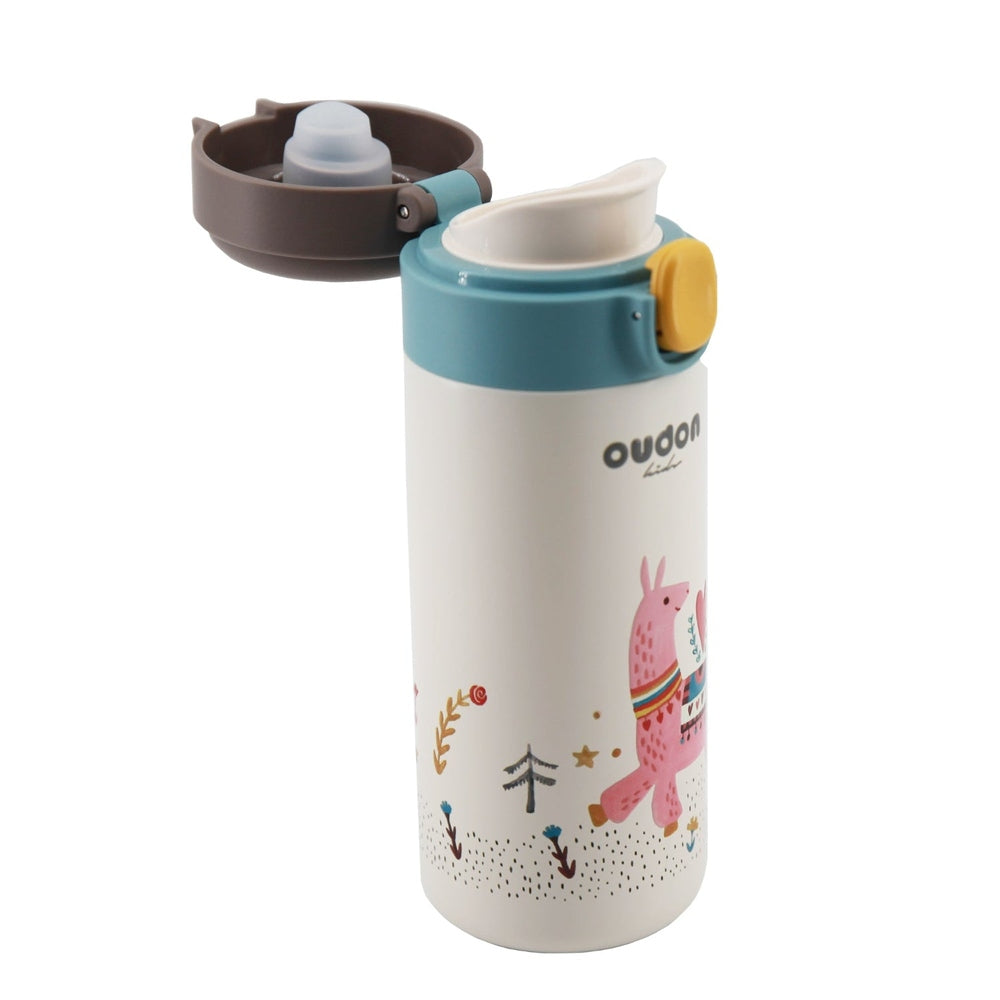 Oudon Kids thermal water bottle mint with teal top and yellow cap, featuring whimsical animal illustration