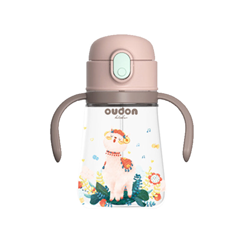 Oudon Tritan water bottle with training grip, 380 ml, pink, llama illustration