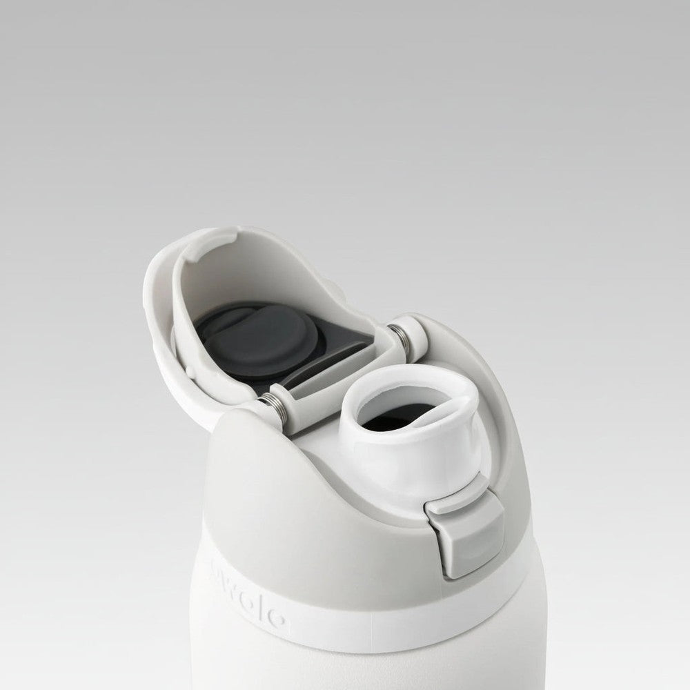 Close-up of a white water bottle with a black lid on a white background