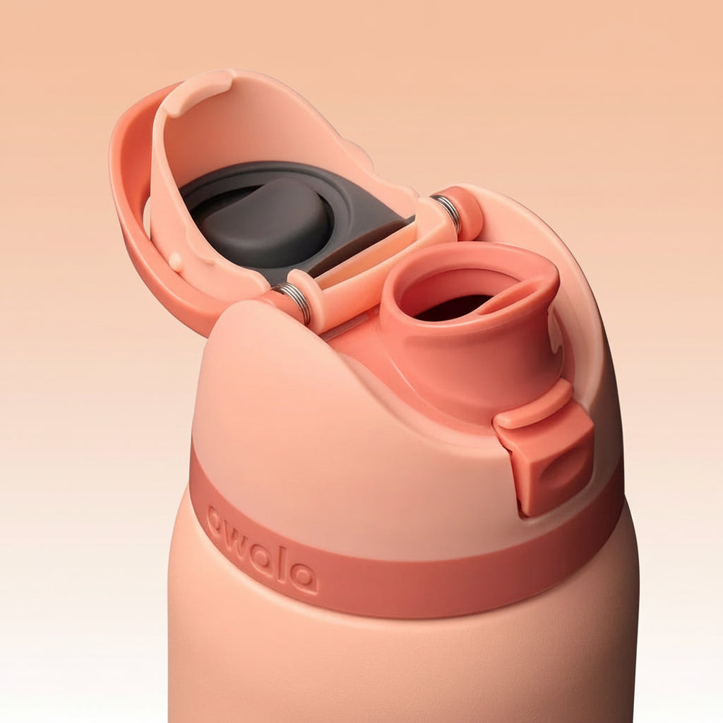 Close-up of a pink water bottle with a black lid on a white background