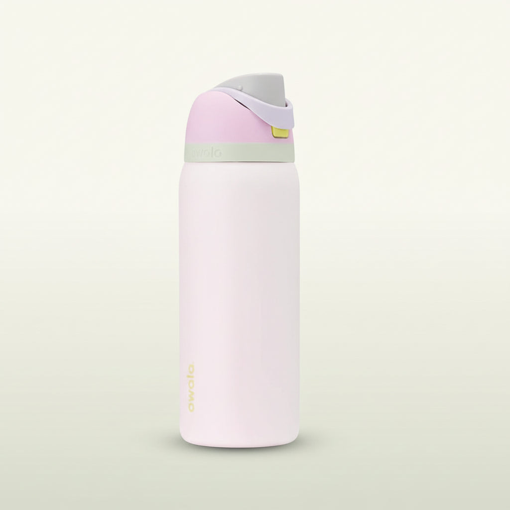 Pink water bottle with a light purple cap on a white background