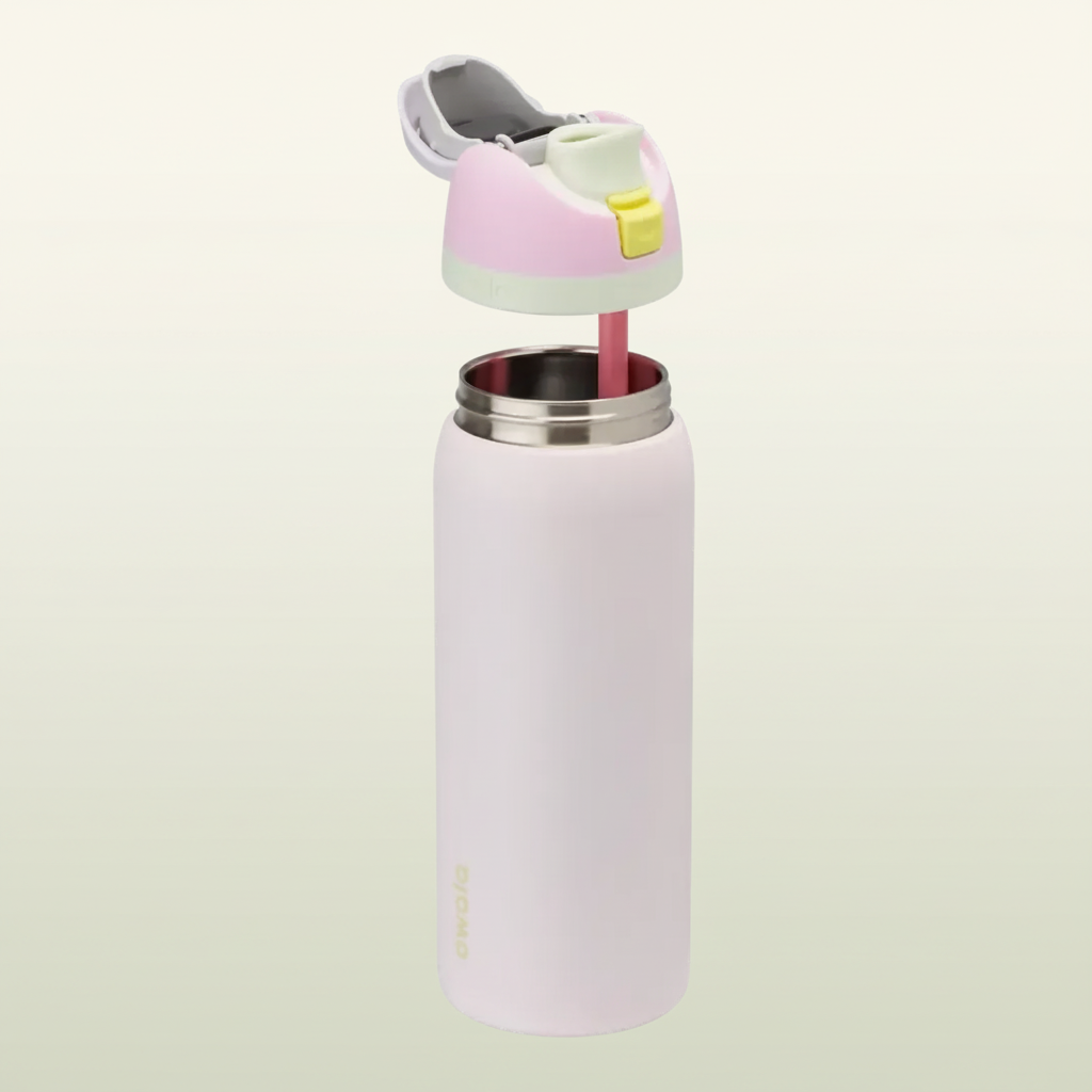 Pink water bottle with a unique cap design on a white background