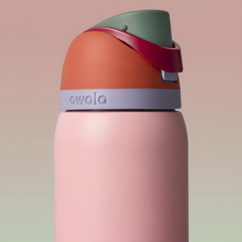 Multicolored water bottle with 'owalo' branding on a white background