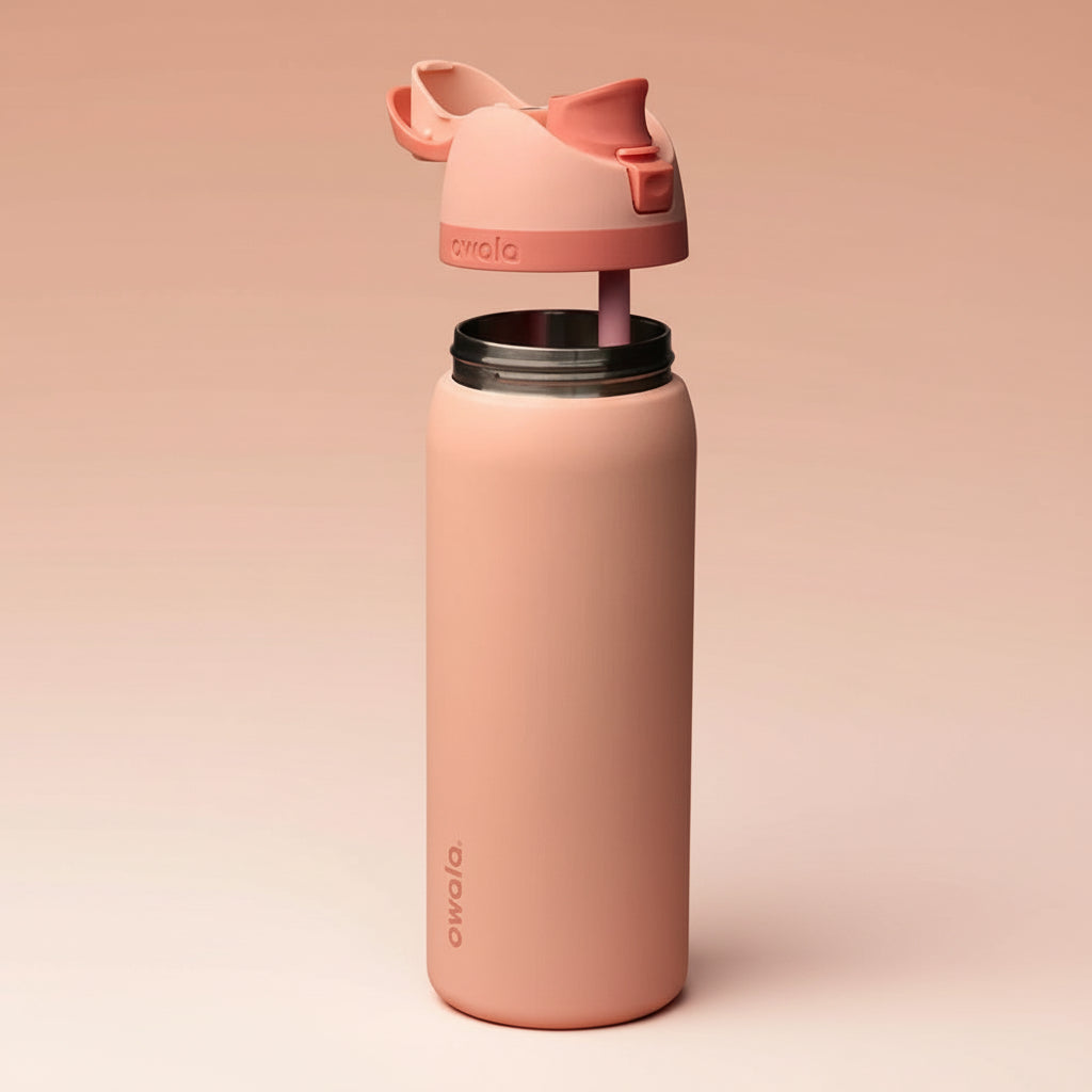 Pink water bottle with a matching cap on a beige background