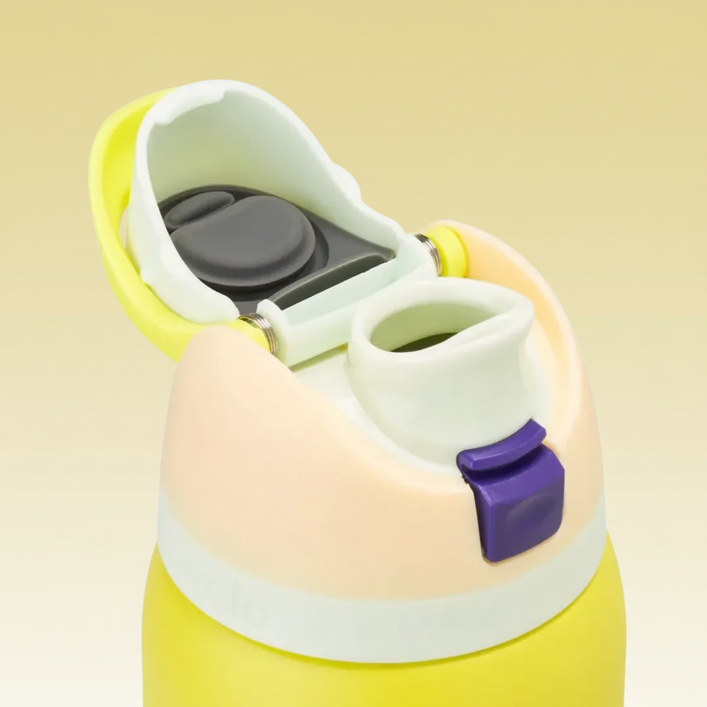 Yellow and purple water bottle with a white cap on a white background