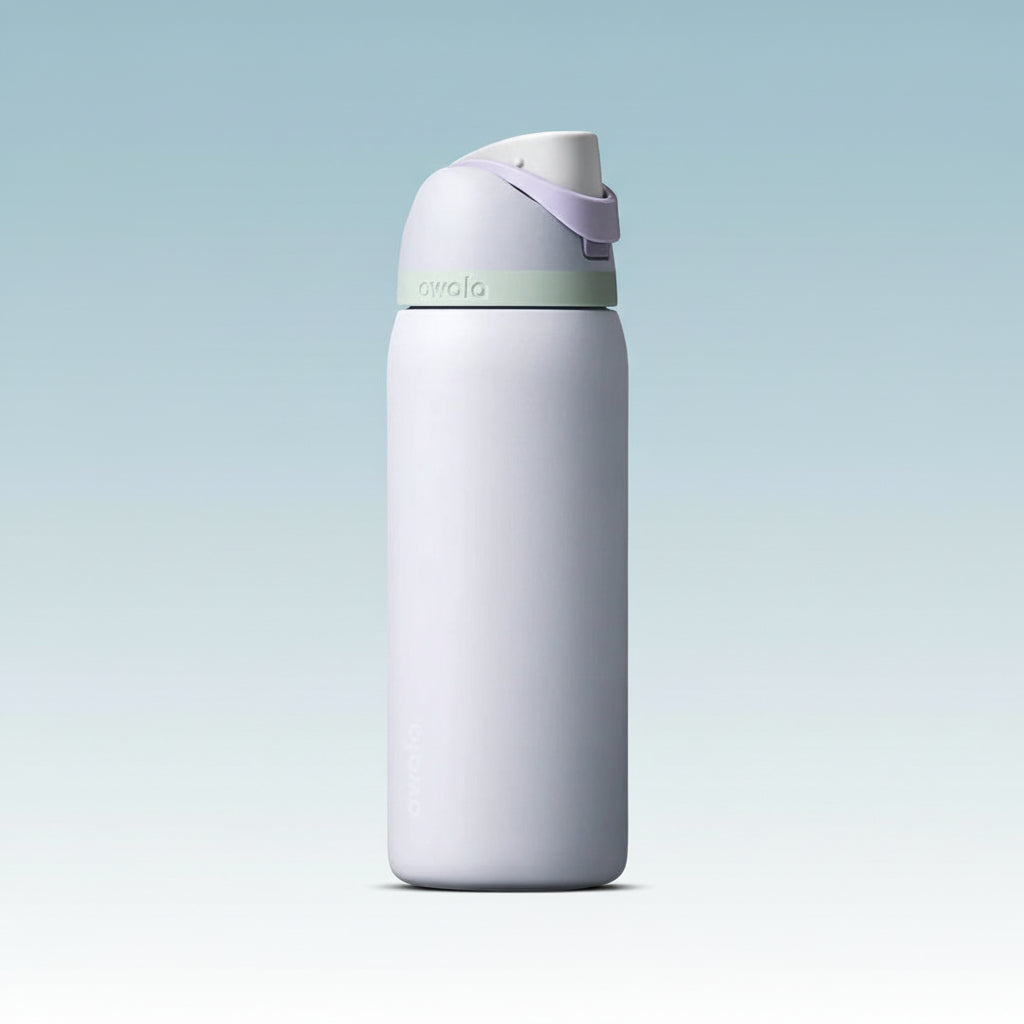 White water bottle with a purple cap on a white background