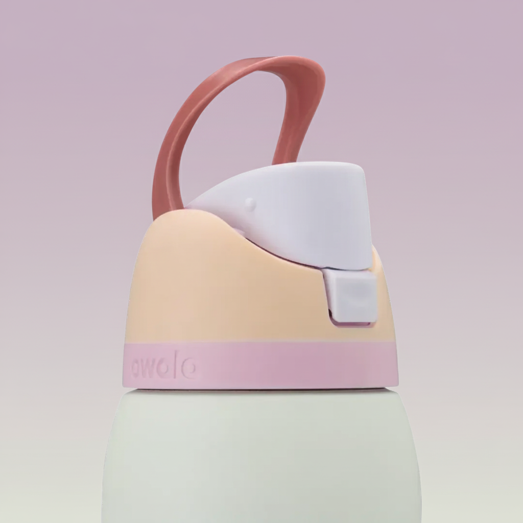 Colorful water bottle with a pink cap on a white background