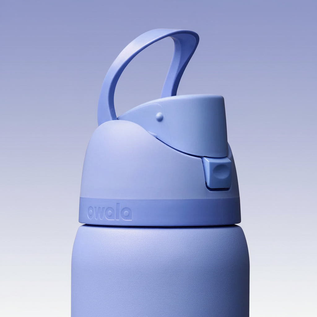 Blue water bottle with a handle on a white background